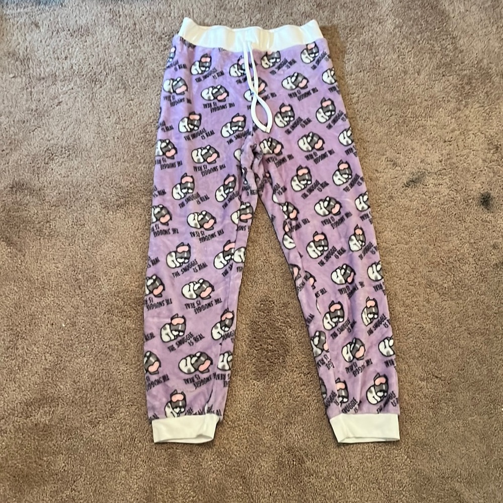 Purple with white rim and ankle fuzzy pajama pants with sleeping puppy’s